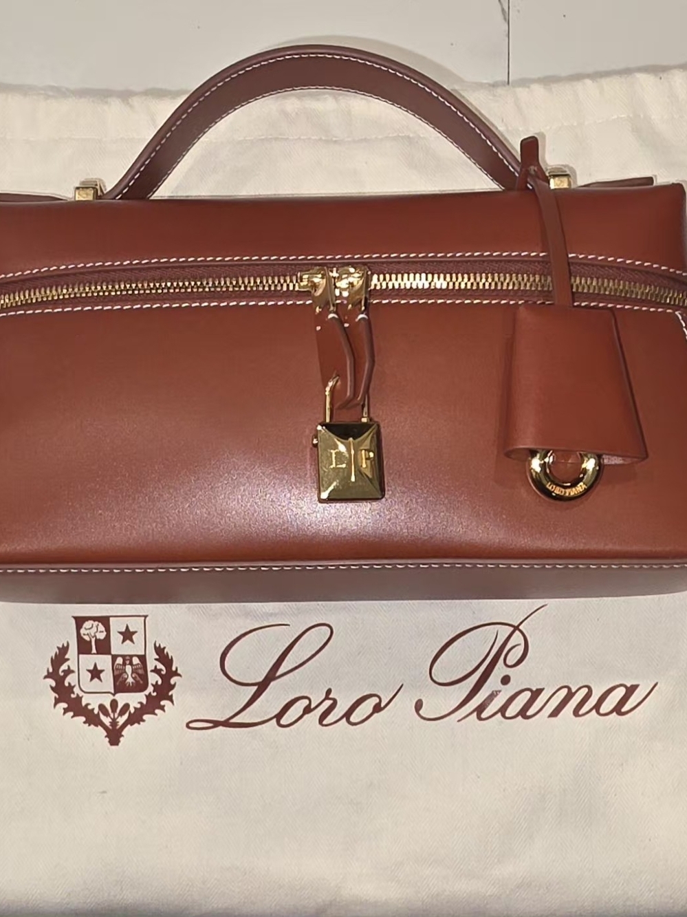 Loro Piana Chestnut Saddle Leather Top-Handle Satchel with Gold Hardware - Picture 1 of 13